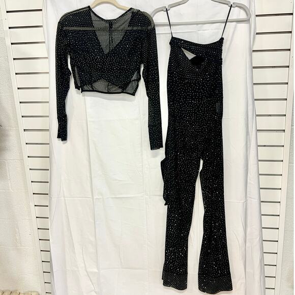 NWT Rosacha Polka Dot Sheer Crop Blouse Top & Tie Waist Flare Pants Set Black S - Picture 12 of 12